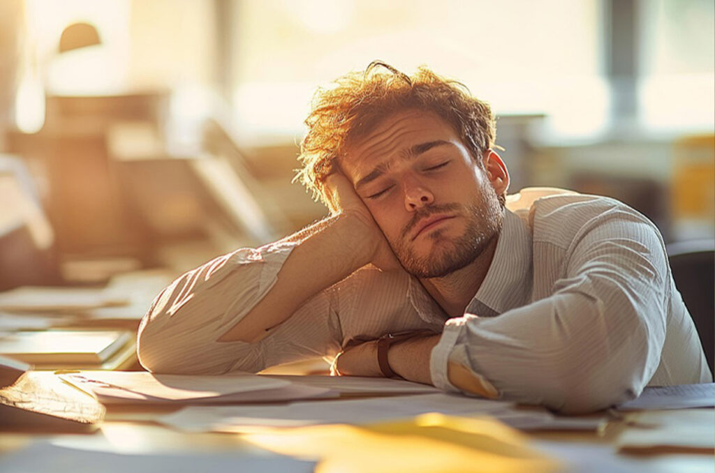 Utrujen moški naslonjen na roko za delovno mizo