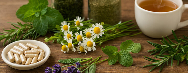 Zelišča, čaj in kapsule na leseni podlagi