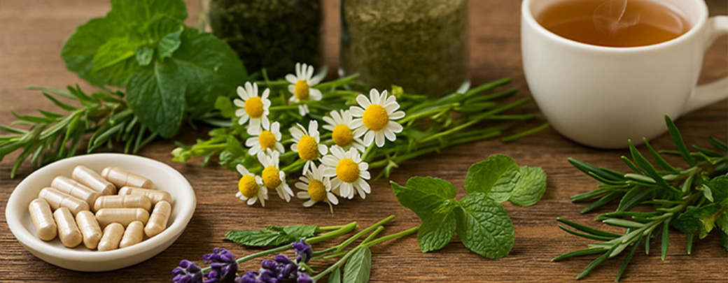 Zelišča, čaj in kapsule na leseni podlagi